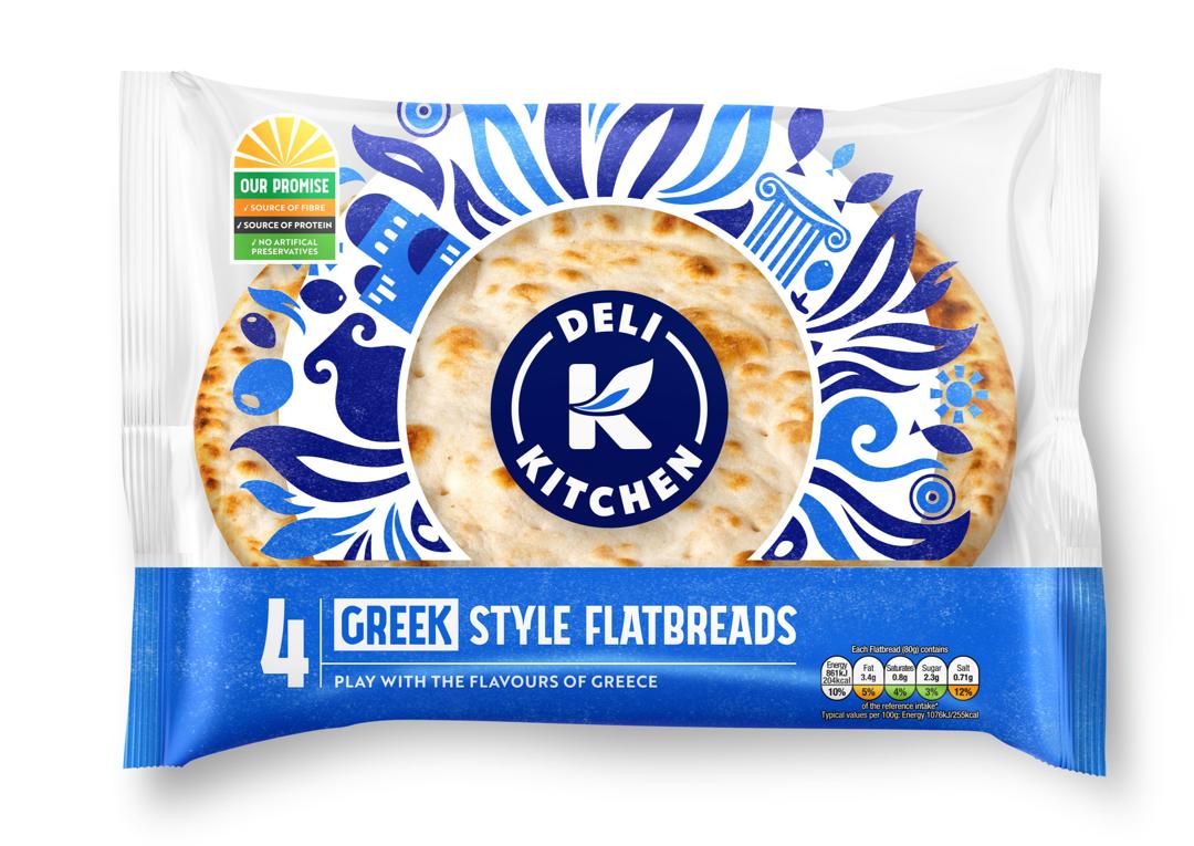 Deli Kitchen 4 Greek Style Flatbreads in Packaging WhiteBG