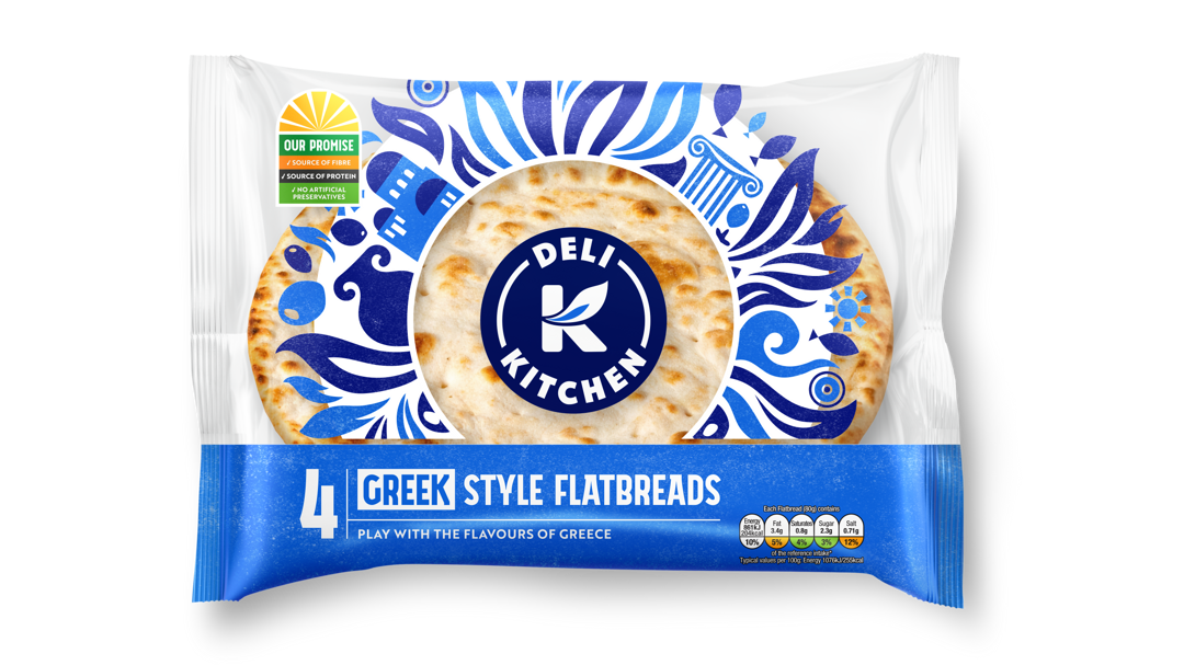 Deli Kitchen 4 Greek Style Flatbreads in Packaging WhiteBG